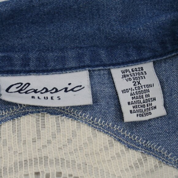 HAND CRAFTED Jacket Denim Blue Jean Upcycled Floral Vintage Cream Lace 2X - Picture 8 of 14
